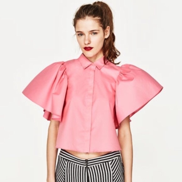 Zara Tops - Zara Pink Ruffle Sleeve Open Back Top Button Up